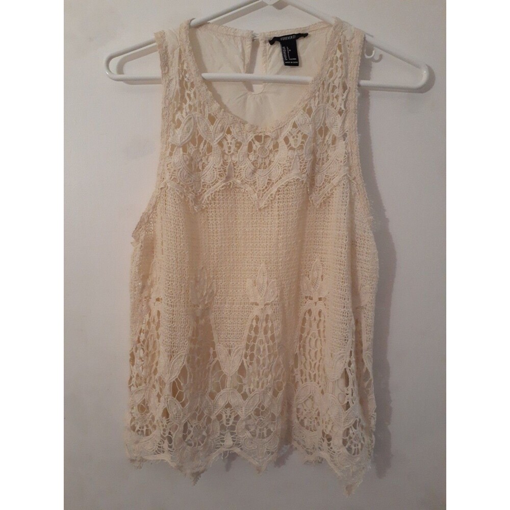 Forever 21 L Large Ivory Cotton Lace Tank Top Feminine Summer Blouse